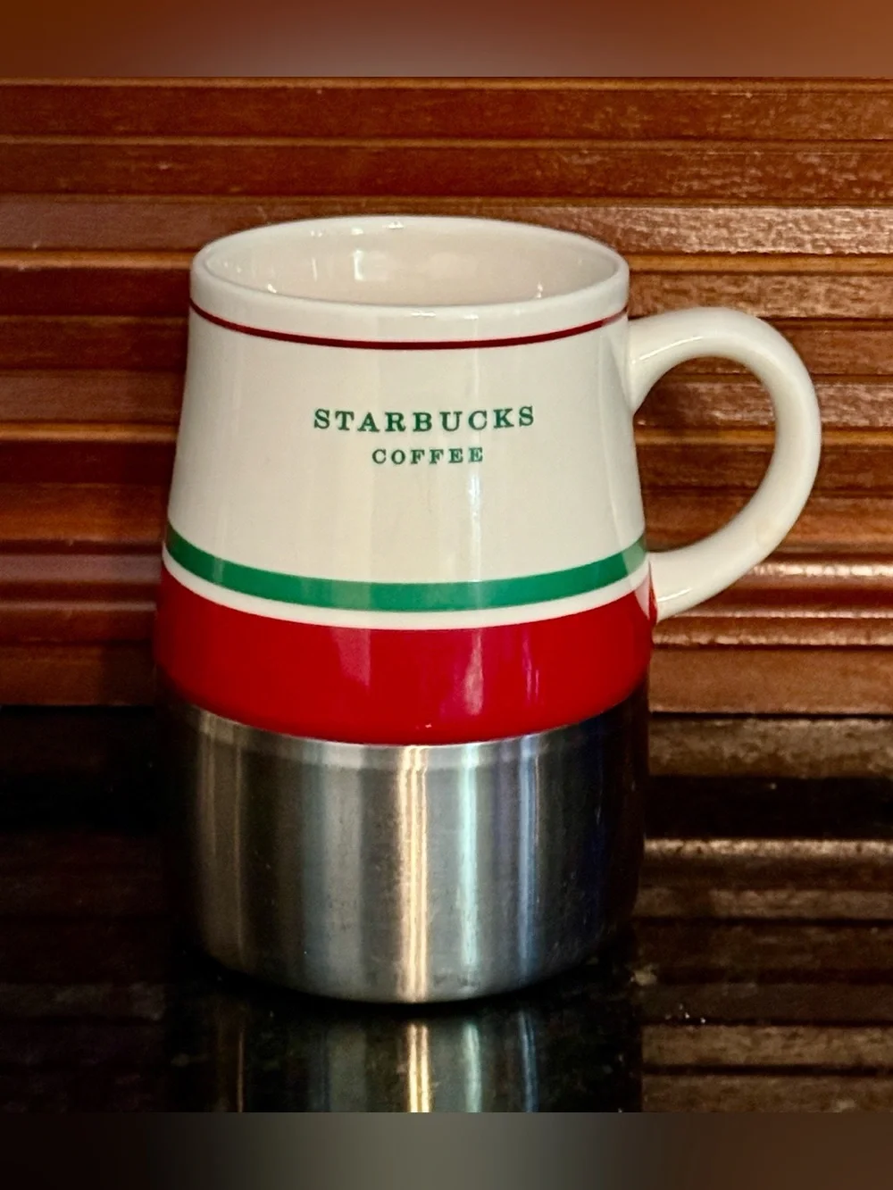 Starbucks Vintage 2006 Red White Green Ceramic Stainless Steel Coffee Mug 14 Oz